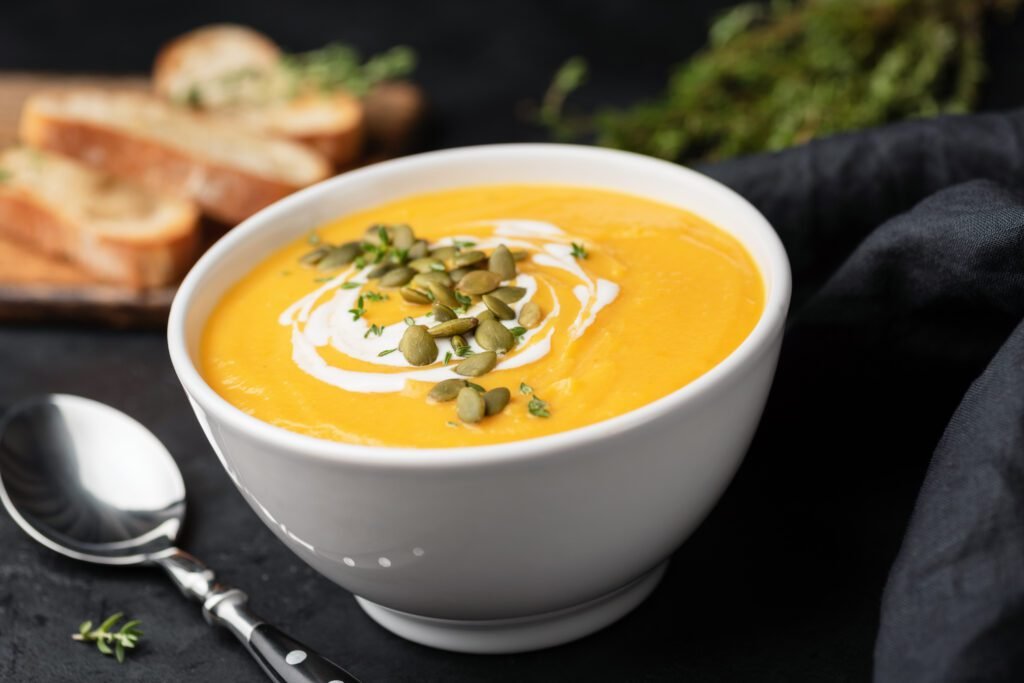 Pumpkin cream soup with pumpkin seeds in a shite bowl with a yoghurt swirl