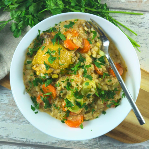 Comforting Chicken Leek and Barley Casserole providing plant compounds for blood pressure support and heart health.