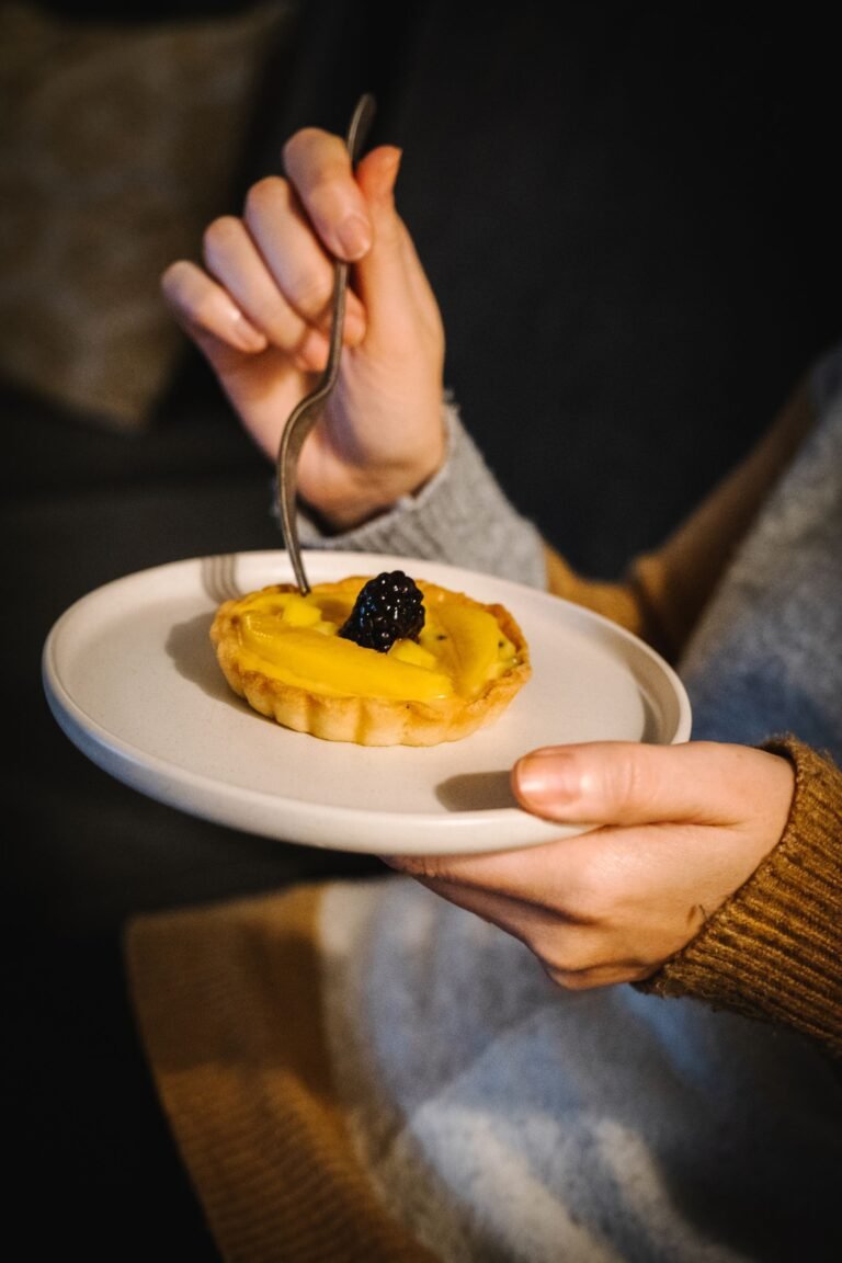 Lime, Passion Fruit and Mango Tart on a plate