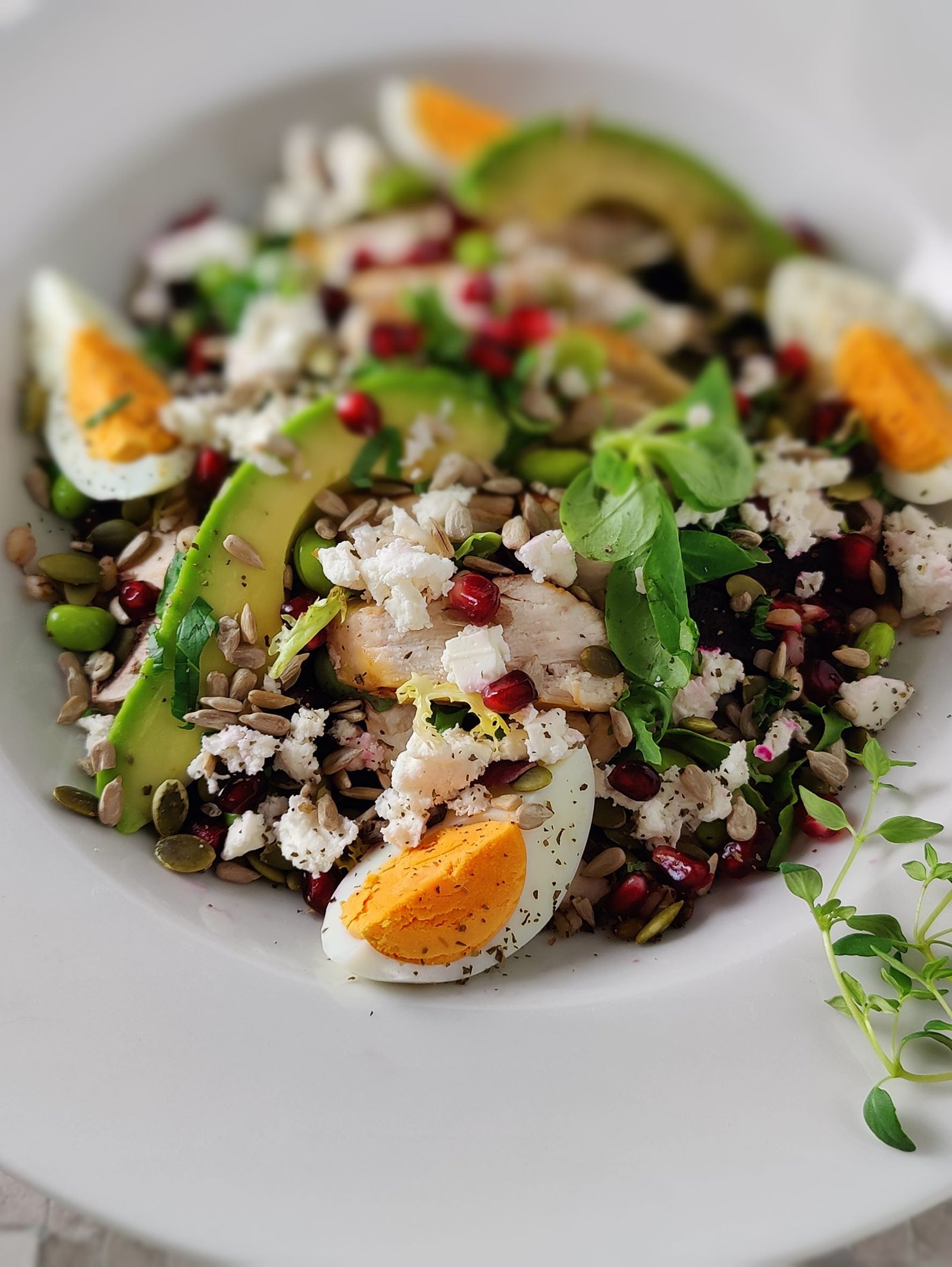 Super Protein chicken, with grains, eggs, pomegranate seeds, avocado Salad