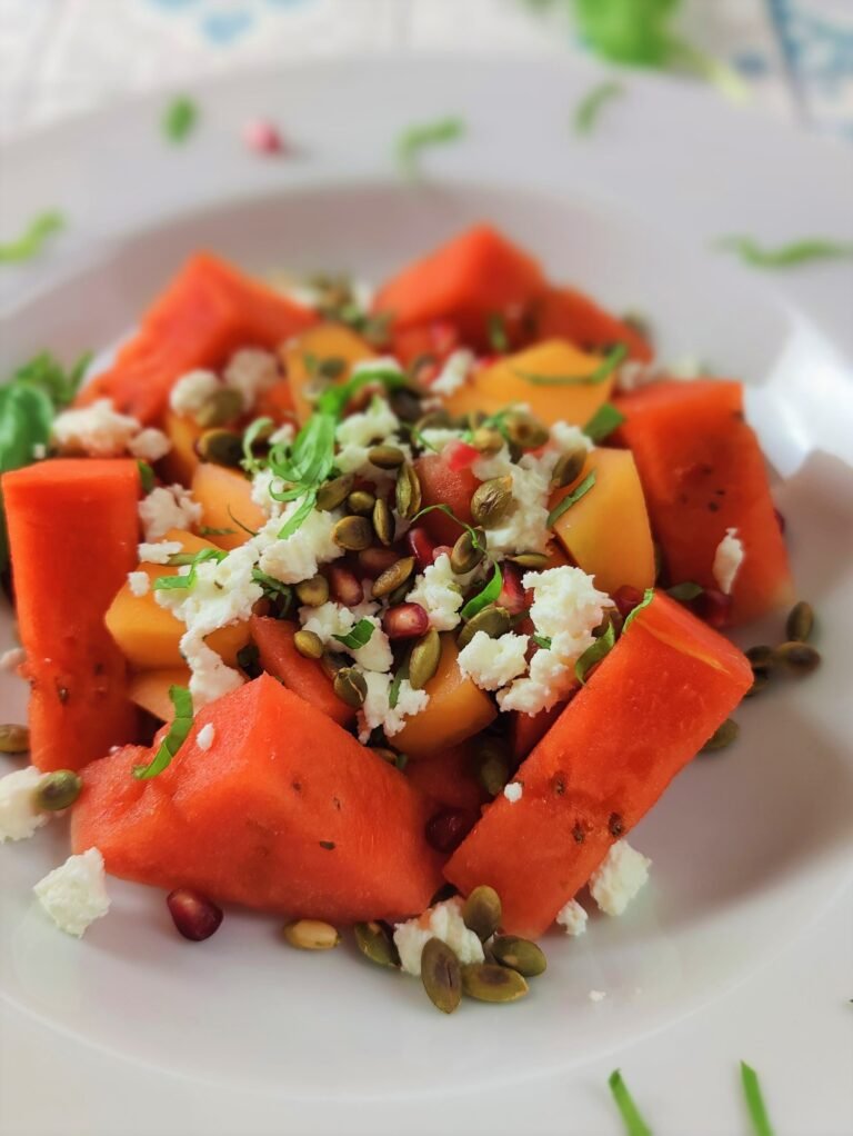melon salad with feta cheese and pumpkin seeds