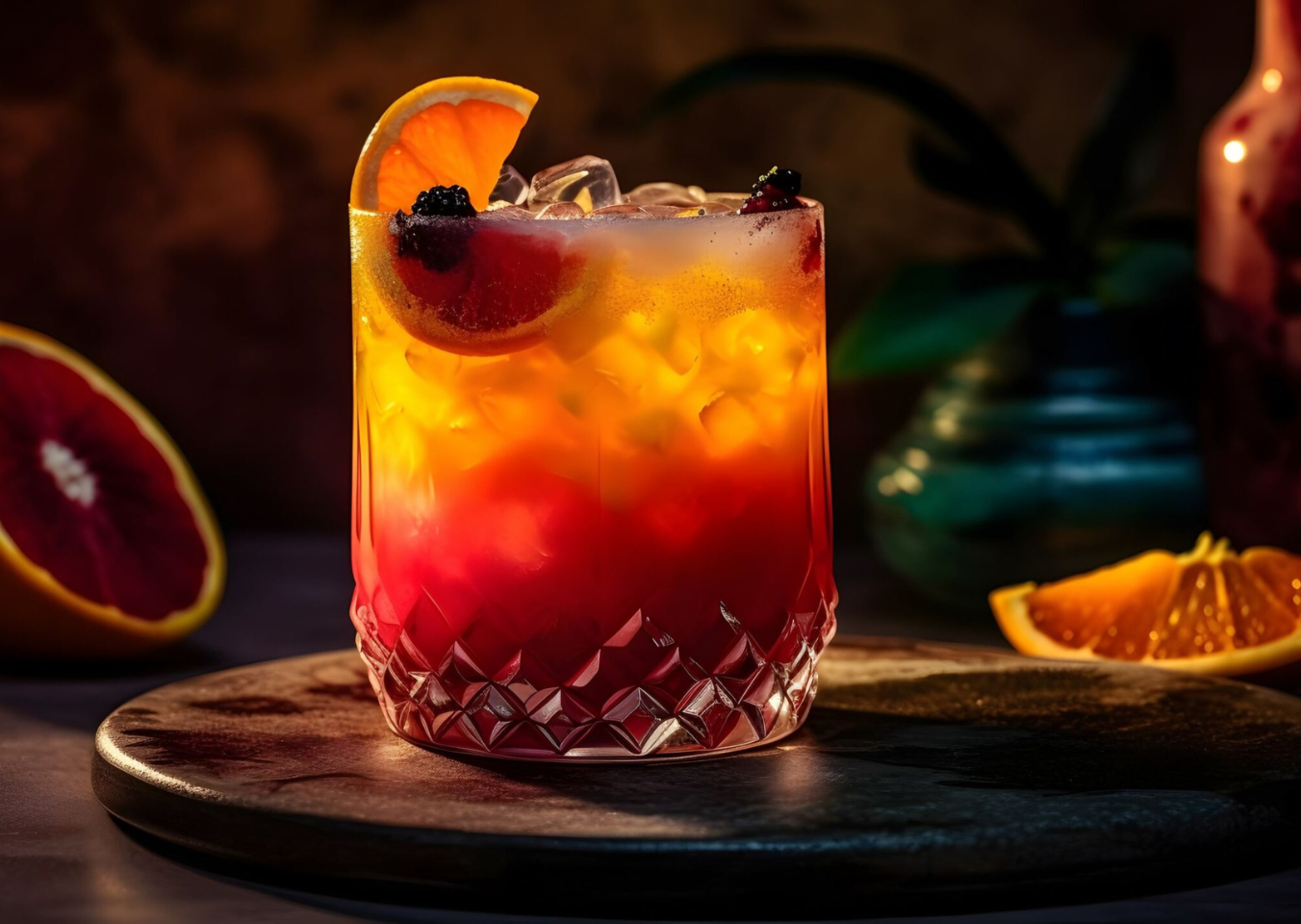 Tequila Sunrise cocktail in a glass with ice garnished with a slice of orange