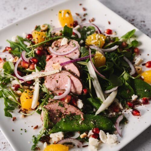 Duck a l'orange salad on a white plate for FOOD RECIPES on Maison Bonhomie