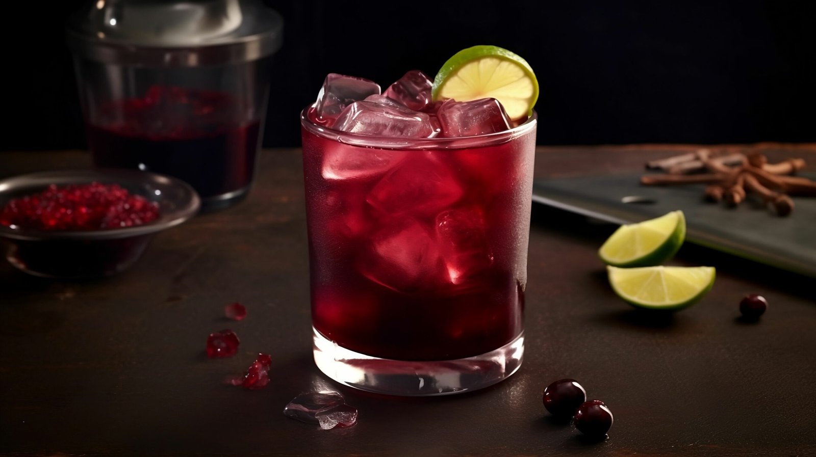 El Diablo cocktail in a lowball gass garnished with a lime wedge