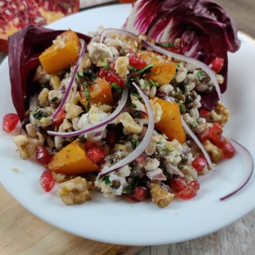 Heart-healthy spiced pumpkin and barley salad, a Mediterranean diet lunch rich in soluble fibre and minerals.