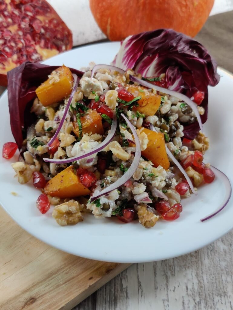 Vegetarian Spiced Pumpkin, Barley and Radicchio Salad with Walnuts