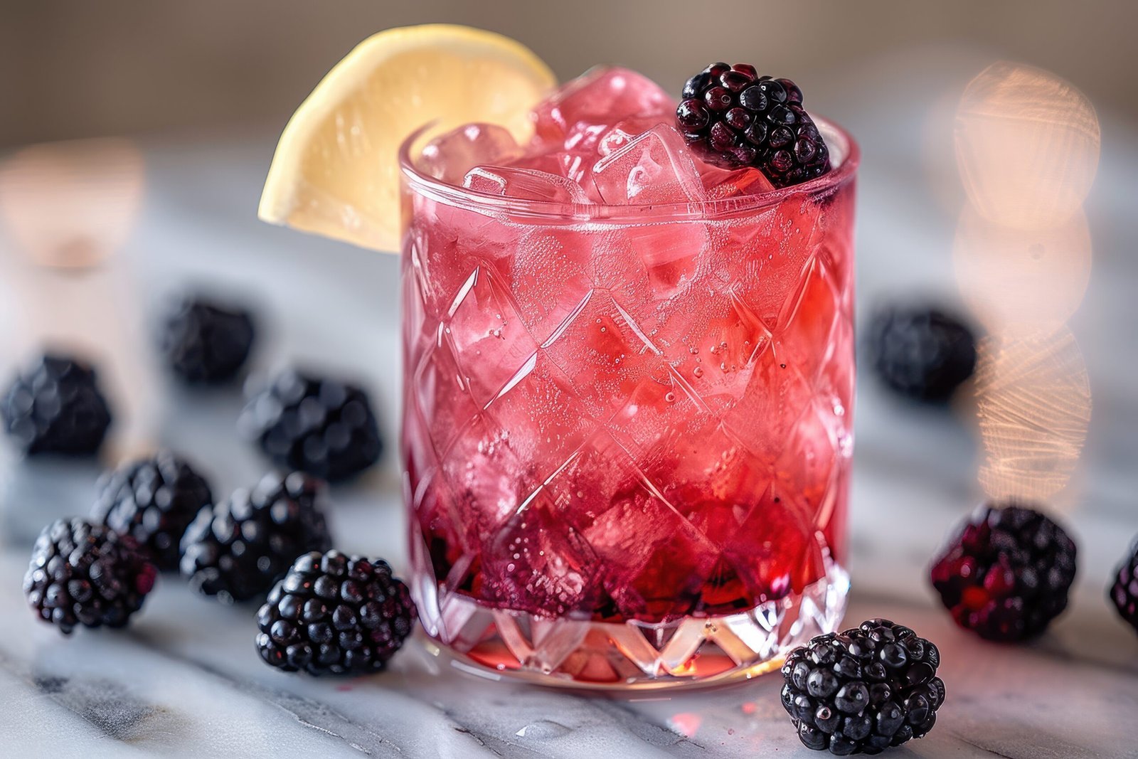 A bramble cocktail in a lowball glass on ice with blackberries and lemon slice garnish