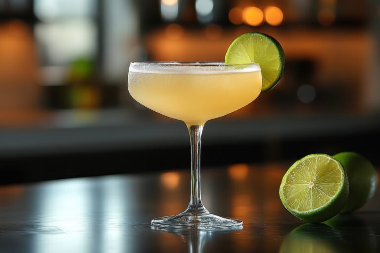 Gimlet cocktail in a stemmed gass garnished with a lime slice