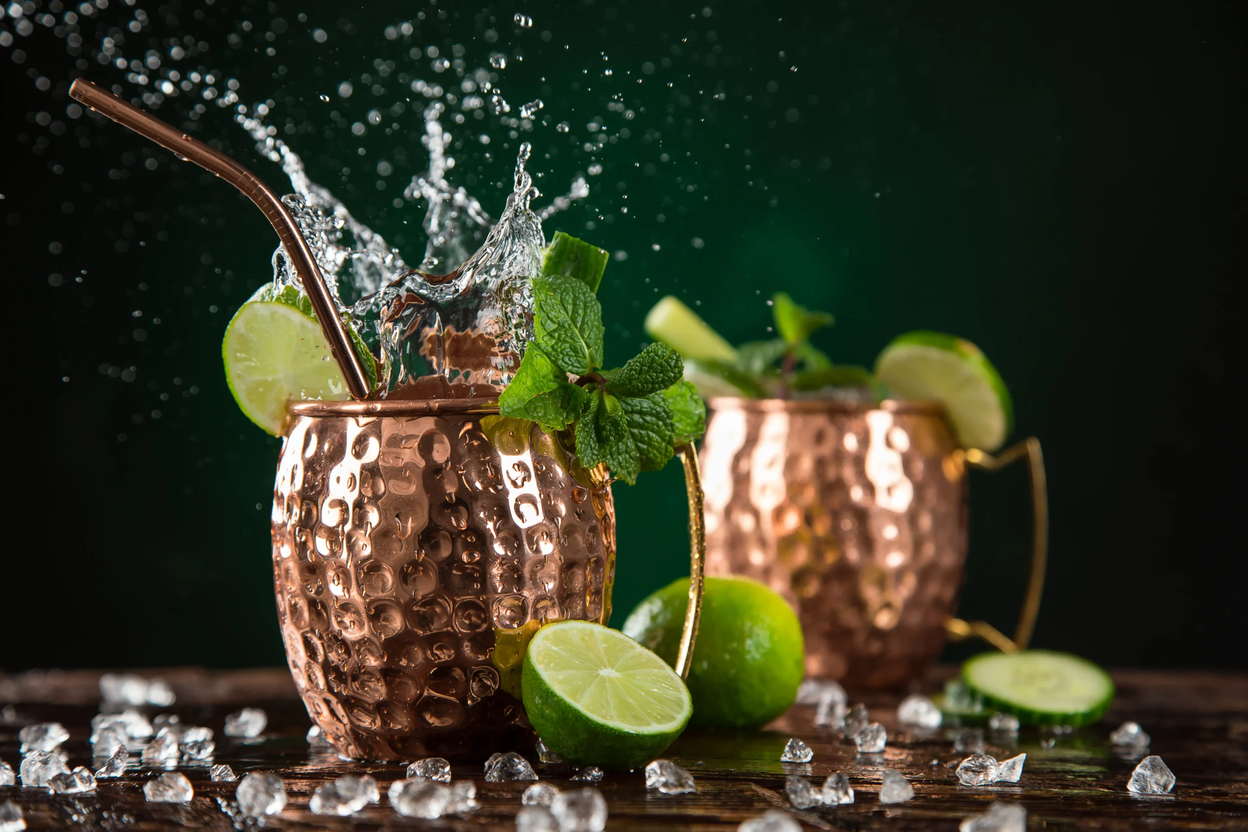 Moscow Mule cocktail in copper mugs with mint, limes, ice cubes and a splash