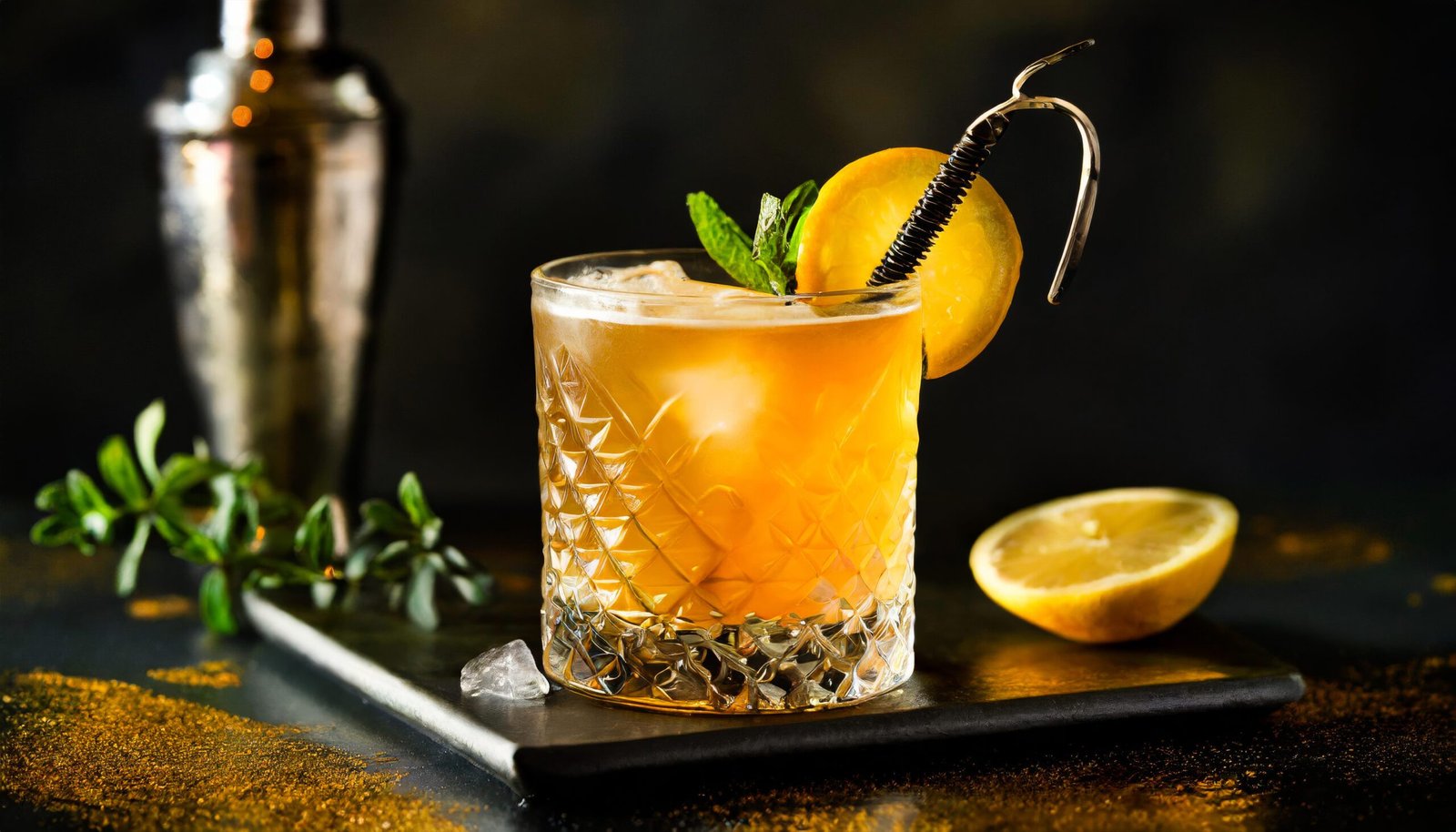 stinger cocktail in a glass over ice garnished with mint leaf and orange slice