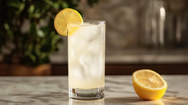 Tom Collins cocktail in a collins glass garnished with lemon