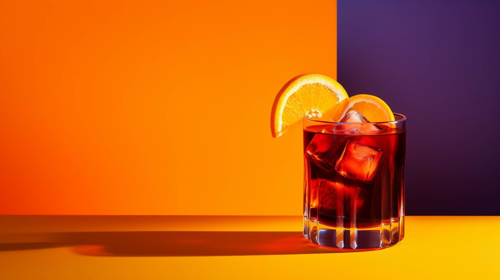 Vieux Carre Cocktail in a glass with ice and orange slice garnish
