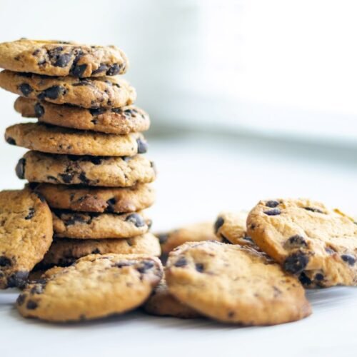 stack of chocolate chip cookies on a white plate