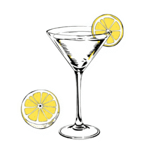 drawing of a martini cocktail with a lemon garnish