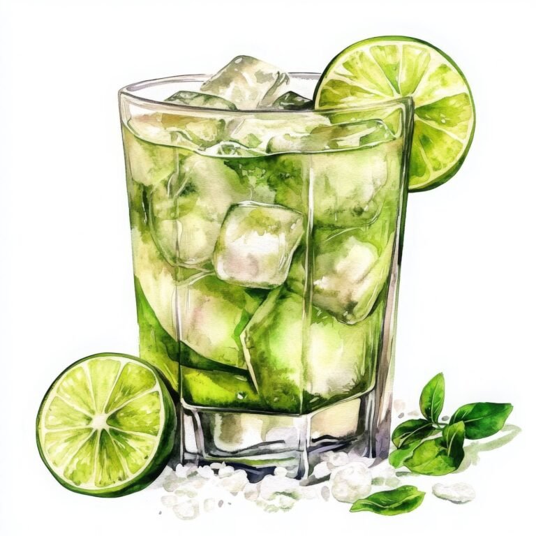 drawing of a cocktail over ice in a glass garnished with limes and mint