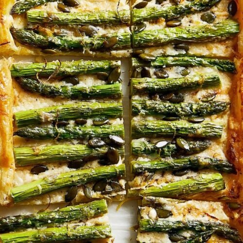 asparagus cheese and pumpkin seed tart