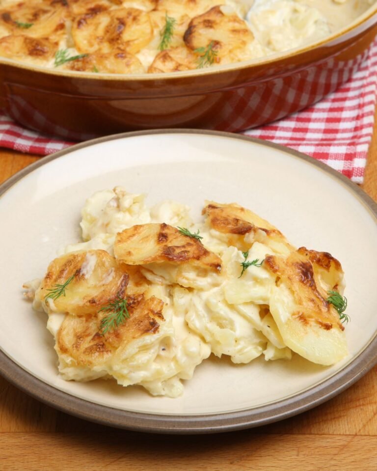 Dauphinoise Potatoes on a white plate garnished with tarragon