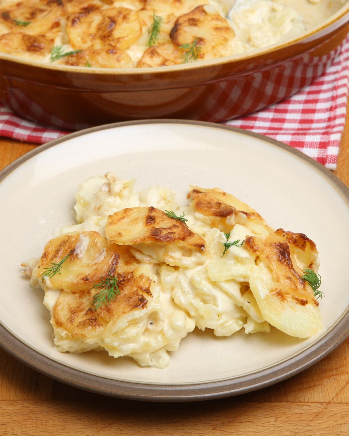 Dauphinoise Potatoes on a white plate garnished with tarragon